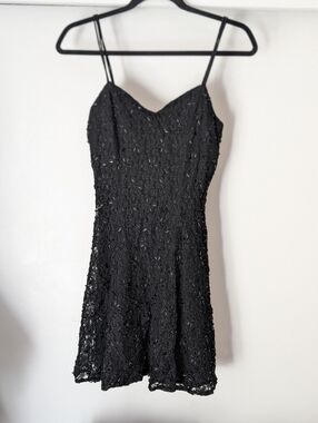 Rampage Black Beaded Lace Mini Dress with Spaghetti Straps